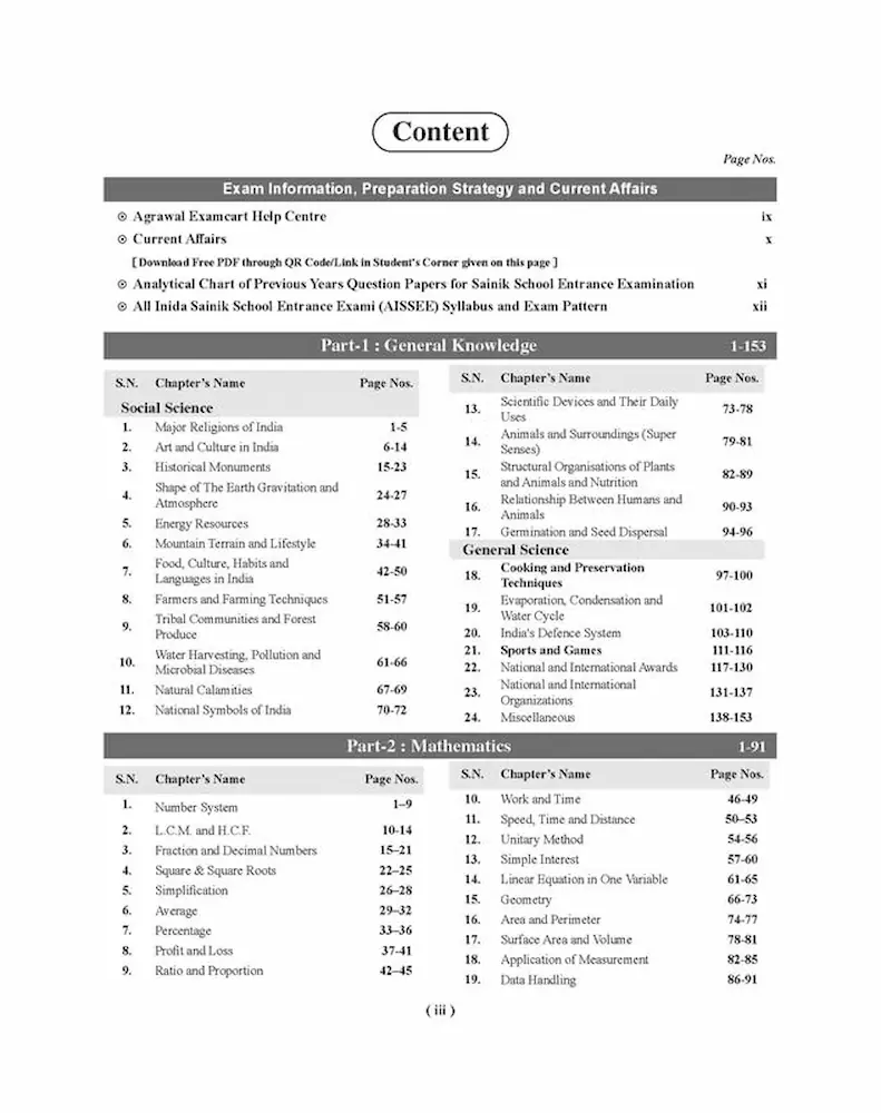 Examcart (AISSEE) Sainik School Class 6 Guide Book index