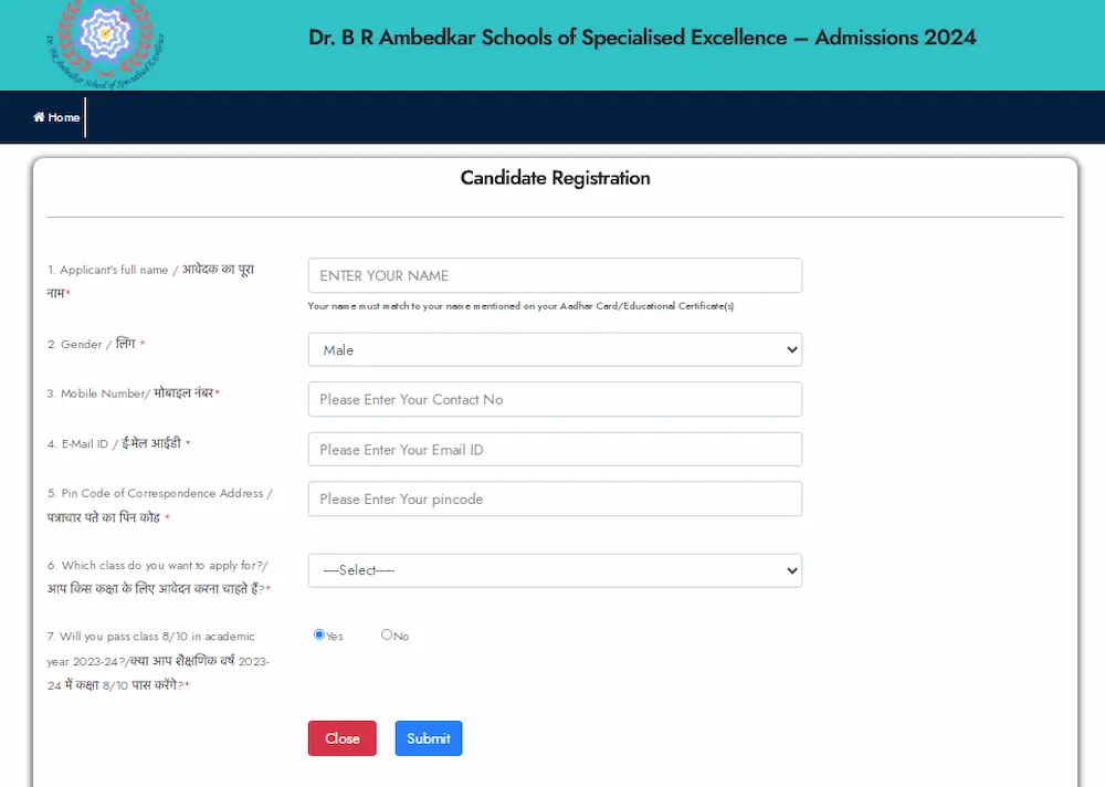 AFPS Sainik School Delhi 2024 candidate registration page