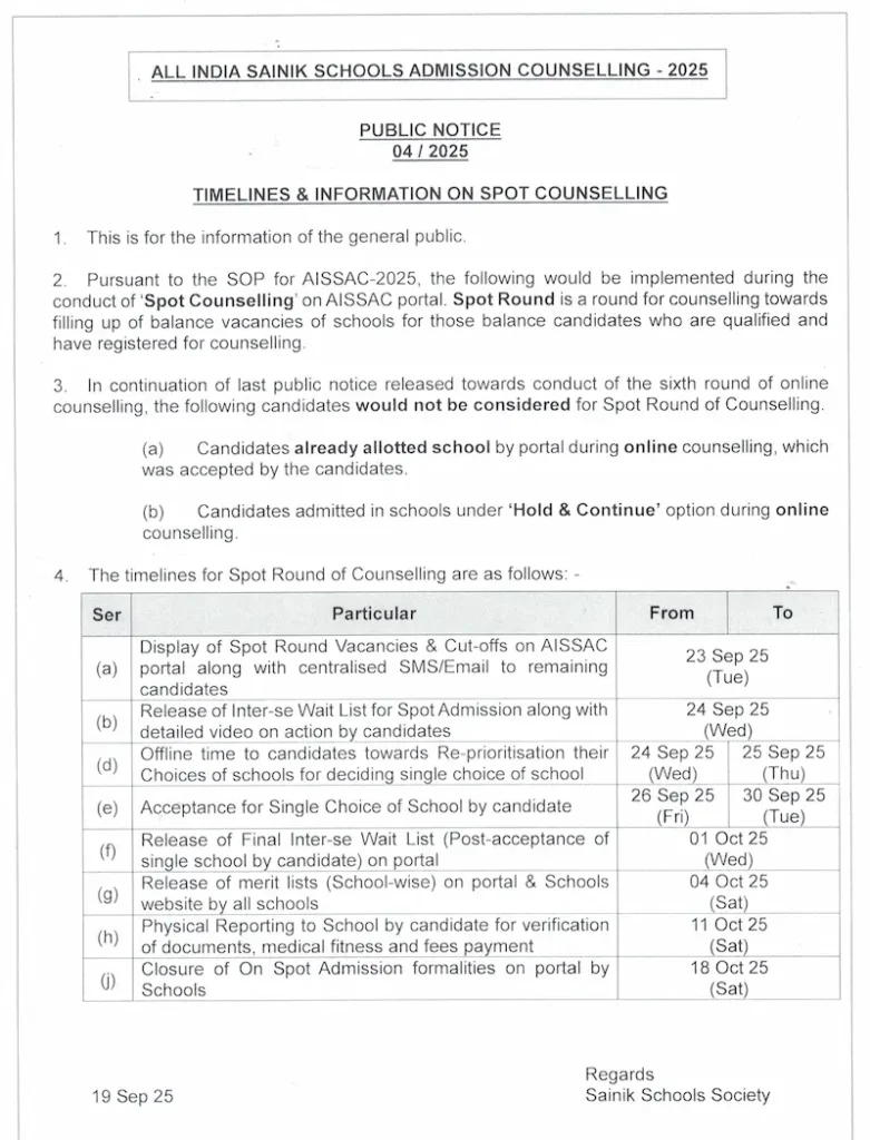 Spot Counselling Sainik School sept 2025