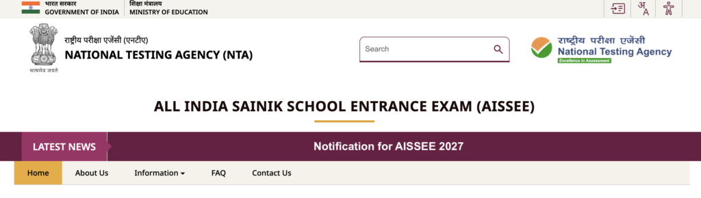 AISSEE 2027 notification homepage